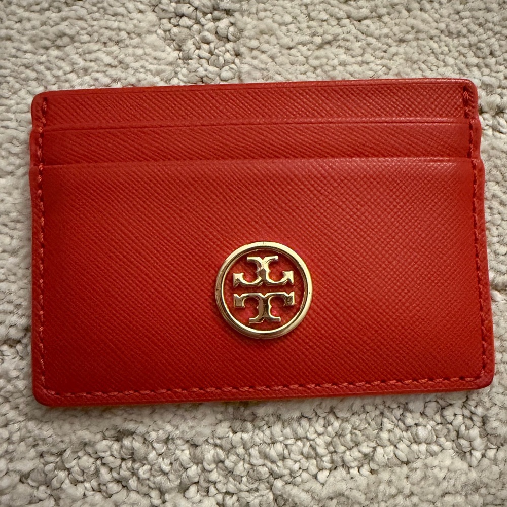 Tory Burch Orange Saffiano Leather Card Case with Gold Logo